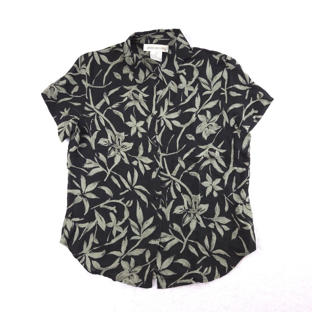 VTG 90s Jones New York Silk Sheer Shortsleeve Top 10 Dark Floral Cottage Resort